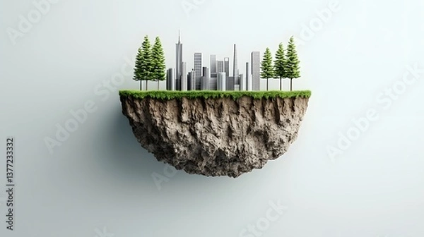 Obraz 3D rendered image depicting an earth cross section with lush grass and young trees on the upper layer sedimentary rock structures beneath and a futuristic industrial city in the distance