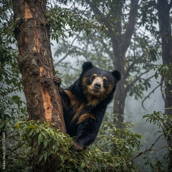 Fototapeta Spectacled bear climbing a tree in a misty Andean forest.