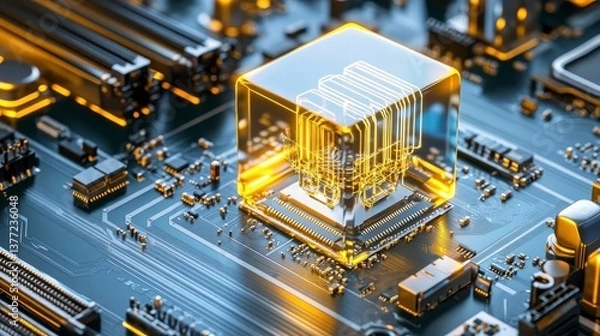 Fototapeta Futuristic CPU Chip on Circuit Board - AI and Machine Learning