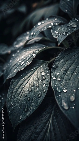 Fototapeta Wet leaf with fresh water drops glistens in a macro closeup of nature's spring beauty