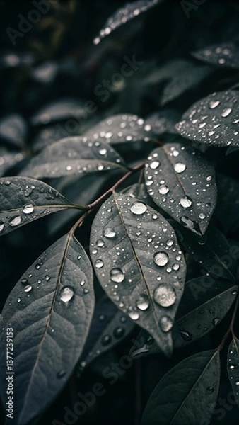 Fototapeta Raindrops, like glistening dew, cling to the wet leaf, a macro closeup showcasing nature's spring droplets on the plant