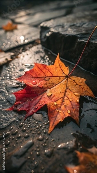 Fototapeta Colorful autumn maple leaves, red and yellow, float and rest on the water and ground, a seasonal nature closeup