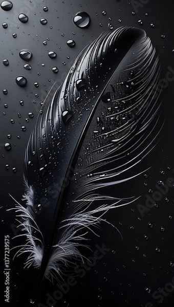 Fototapeta An elegant macro of a single dark feather with glistening water droplets on a sleek black background.