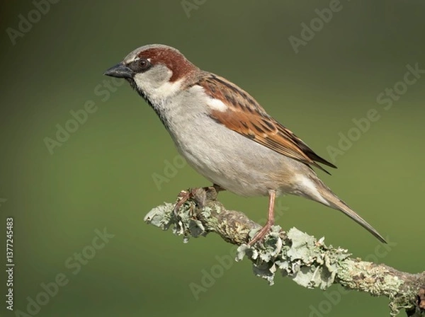 Fototapeta Close-up of a house sparrow perched on a lichen-covered branch with a blurred green background.