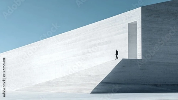Fototapeta Abstract minimalist person walks towards open doorway in modern white architecture