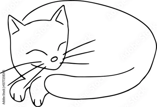 Fototapeta happy cat with long whiskers closed eyes and curled up, hand drawing with curved lines