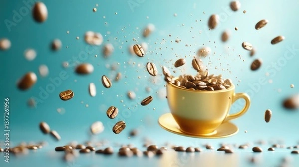 Fototapeta Dynamic explosion of coffee beans into yellow cup on turquoise background