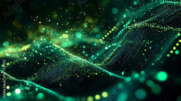 Obraz Digital particles and abstract data flow glowing green background wallpaper ethereal environment dynamic viewpoint