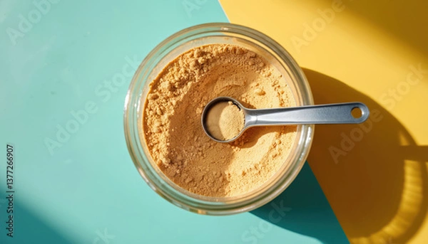 Fototapeta Overhead shot container plant-based protein powder with measuring spoon bright surface. Nutrition, healthy meal, drink for physical exercise. Dietary supplement for bodybuilding, muscle growth.