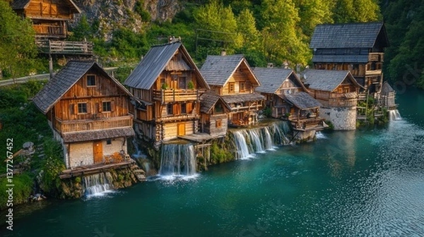 Fototapeta A breathtaking view of the rustic watermills of Rastoke village, nestled along the cascading waterfalls of the Korana River in Croatia.