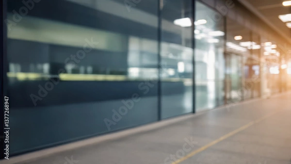 Obraz Commercial corridor modern office with reflective glass walls and bright lighting. The blurred perspective and warm lighting create a sleek, contemporary, and professional atmosphere.