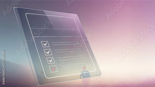Fototapeta Transparent floating checklist of “Strategic Goals” with a clean gradient background, copy space for text, futuristic planning concept.