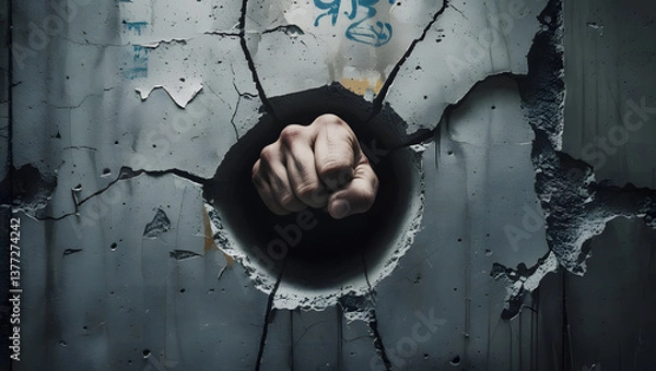 Fototapeta A fist punching through a hole in a concrete wall breaking through barriers. This Ai generated image symbolizes strength determination and the ability to overcome obstacles making it perfect.