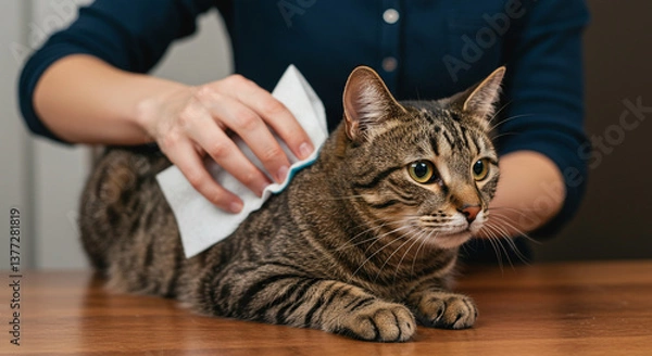 Fototapeta A gentle hand wipes a tabby cat, a moment of quiet care and connection, soft light enhances the scene's intimacy.