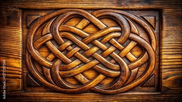 Fototapeta Macro Celtic Knot Design on Rustic Wooden Background - Irish Symbol, Ancient Pattern