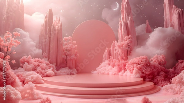 Obraz A Dreamscape: A surreal, pastel pink panorama featuring an empty pedestal, inviting imagination and wonder. Lush clouds and towering formations.