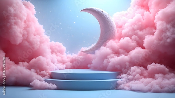 Obraz Dreamy Podium with Crescent Moon: A surreal composition features a two-tiered podium nestled amidst fluffy pink clouds, with a large crescent moon overhead, invoking a sense of fantasy and serenity.