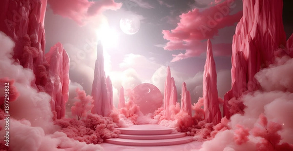 Obraz Dreamlike Realm: A surreal landscape, dominated by pink hues and formations, bathed in an ethereal glow, creating a sense of wonder and otherworldly beauty. 