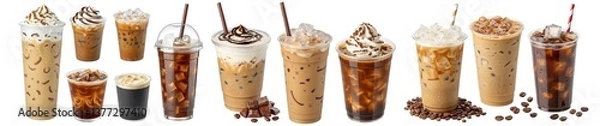 Obraz Variety of iced coffee drinks with whipped cream, chocolate, and ice cubes in plastic and glass cups, ideal for cafe menus, beverage branding, and food ads cut out isolated Transparent PNG Elements