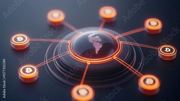 Fototapeta A digital representation of a globe interconnected with cryptocurrency symbols, highlighting Africa's role in the blockchain and digital finance landscape.