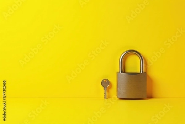 Fototapeta A Secure Padlock and Its Key Resting on a Vibrant Yellow Surface