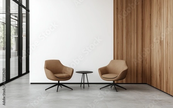 Fototapeta Two tan armchairs face each other across a small black table in a modern minimalist waiting area.  The room features a white wall, wood paneling, and a polished concrete floor. Large windows are