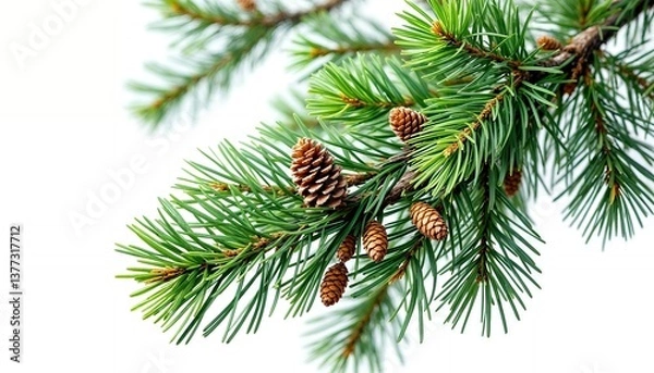 Fototapeta Fir Branch with Cones Isolated on White Background for Decoration