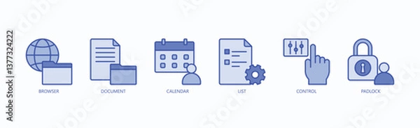 Fototapeta Access And Security Icon Set Isolated Vector With Icon Of Browser, Document, Calendar, List, Control, Padlock In Blue Style