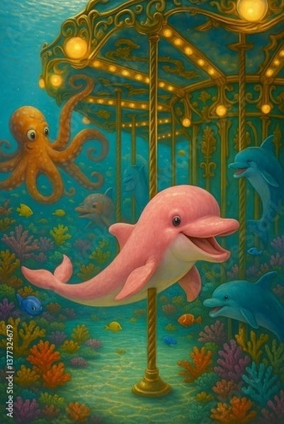 Fototapeta Underwater Carousel with Pink Dolphin, Octopus, and Sea Creatures in Fantasy Ocean Scene