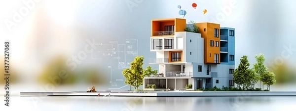 Fototapeta Detailed 3D rendering showcasing the exterior design and structural elements of a modern multistory apartment building in an urban cityscape