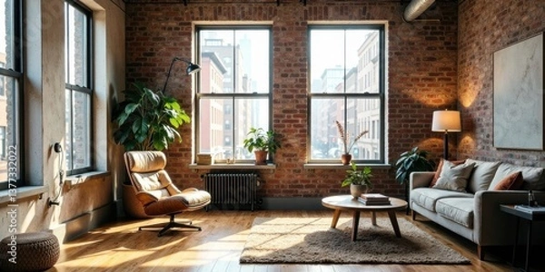 Fototapeta Sunlit urban loft apartment with exposed brick walls, large windows, comfortable seating, and stylish decor