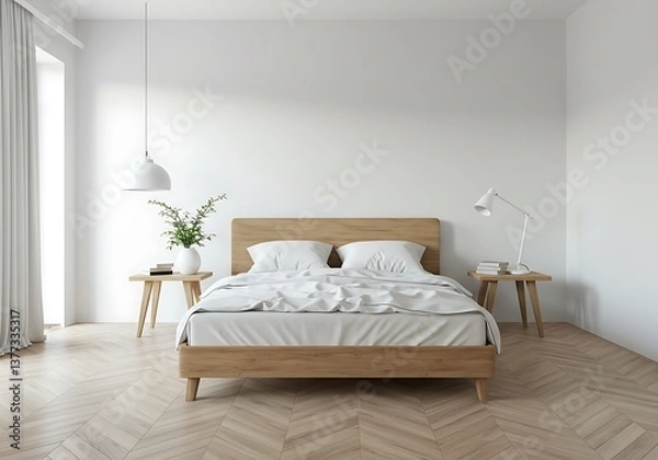 Fototapeta Serene minimalist bedroom, showcasing a light oak bed with crisp white linens, bathed in soft natural light and complemented by simple wooden side tables.