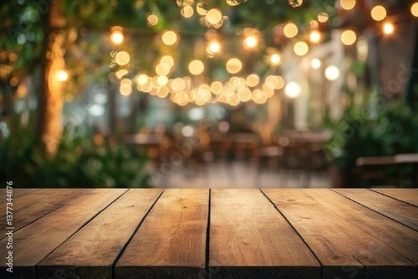Obraz Empty wooden table outdoors at night with warm lighting.  Bokeh background of patio seating area