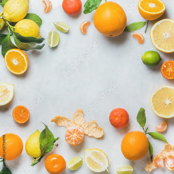 Obraz Variety of fresh citrus fruit for making juice or smoothie over light grey marble table background, top view, copy space, square crop. Healthy eating, vitamin, detox, diet food, clean eating concept