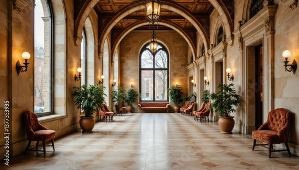 Fototapeta The elegant and spacious interior of the historic building features stunning arches and abundant natural light that creates a warm