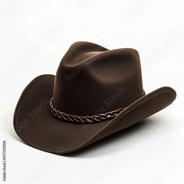 Fototapeta A stylish brown cowboy hat with a braided band, showcasing a classic Western design and smooth felt texture.