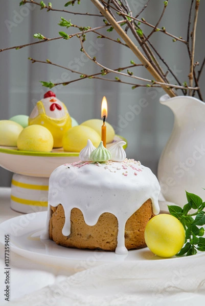 Obraz Easter. On the festive table there is Easter cake and painted eggs.