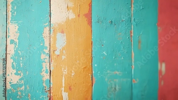 Obraz Colorful Vintage Wooden Plank Background in Turquoise, Orange, and Red for Creative Projects