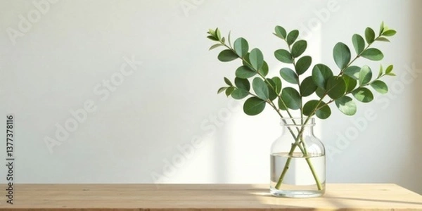 Fototapeta Simple elegance Green branches in a clear glass vase on a light wooden surface against a neutral background