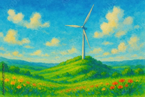 Obraz AI generated watercolor illustration of a wind turbine in green hills