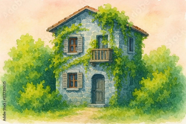Obraz AI generated watercolor illustration of a stone house with green vines