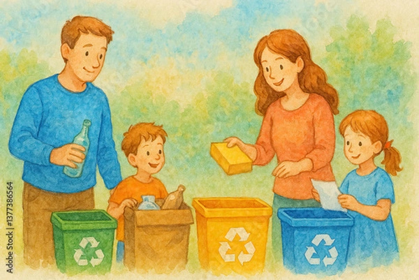 Obraz AI generated watercolor illustration of a family sorting waste for recycling