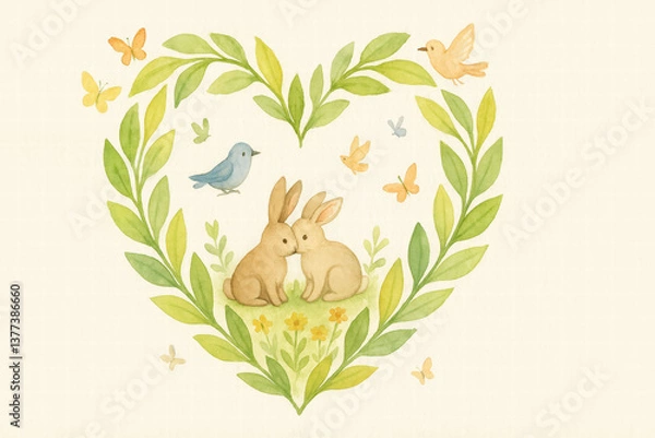 Obraz AI generated watercolor illustration of two rabbits in a heart-shaped nature frame

