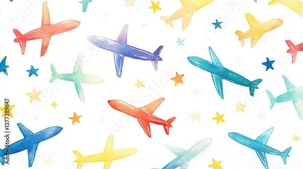Fototapeta 39.Repeating pattern featuring airplanes in a rainbow of colors interspersed with yellow and blue stars, arranged on a clean white backdrop.