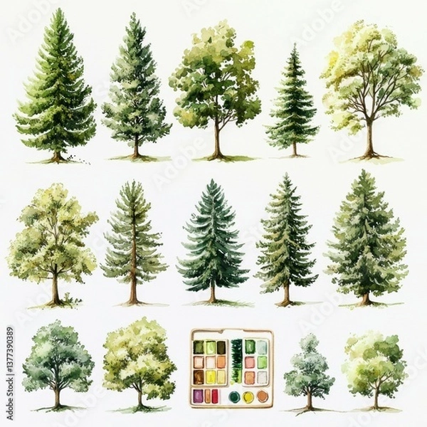 Fototapeta Illustrative Watercolor Trees Diverse Foliage Palette on White Botanical Artwork for Prints, Educational Materials and Design Projects