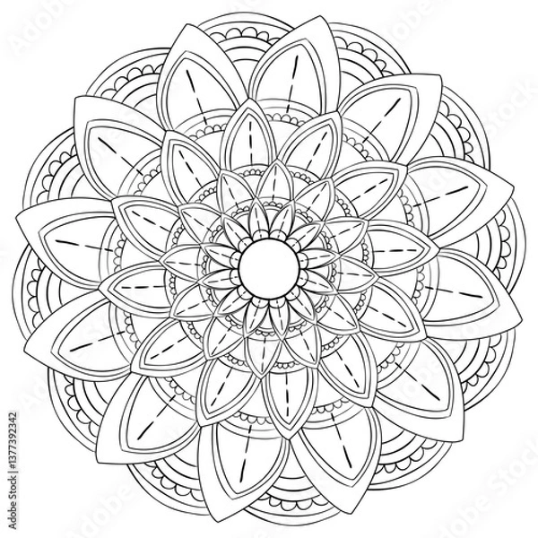 Obraz Flower doodle mandala with simple petals, meditative coloring page for activity and design