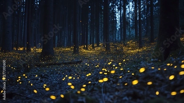 Fototapeta A dark forest alive with thousands of glowing fireflies, their soft light creating a magical, surreal atmosphere