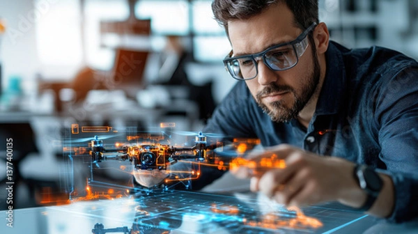 Fototapeta focused entrepreneur prototyping drone in sleek tech lab, surrounded by futuristic holographic displays, showcasing innovation and technology