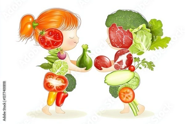 Fototapeta Children creating healthy food together with fruits and vegetables.