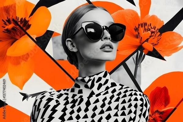 Fototapeta A retro collage of vintage fashion and modern street art, featuring bold colors and patterns, with an edgy model wearing sunglasses and oversized , set against an abstract background